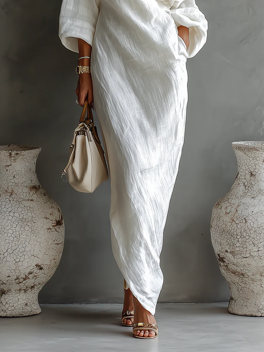 Elise™ | Elegante Maxi Abito con Spalla Scoperta in Bianco