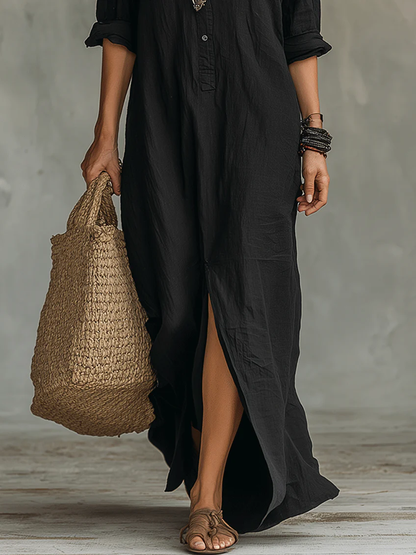 Soline™ | Abito Maxi Nero Fluttuante con Bottoni