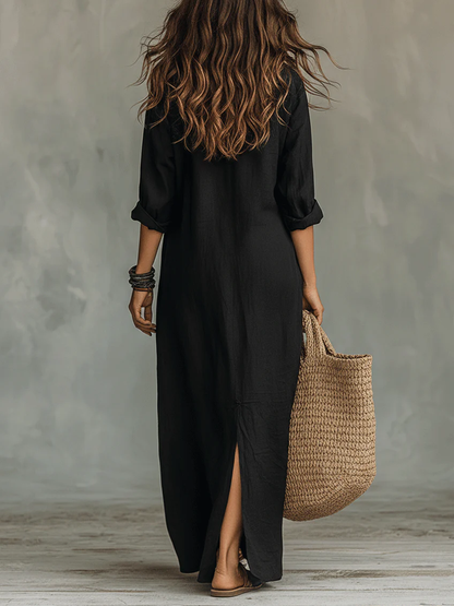 Soline™ | Abito Maxi Nero Fluttuante con Bottoni