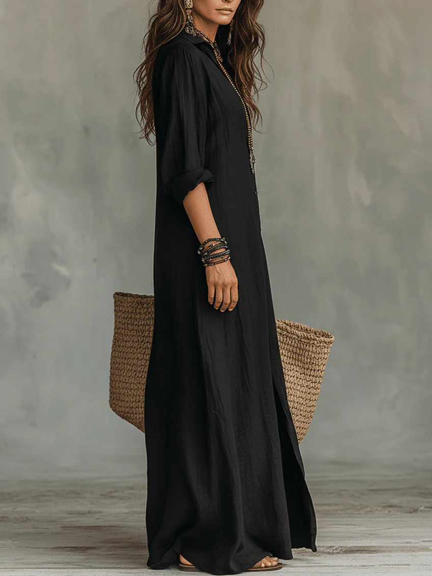 Soline™ | Abito Maxi Nero Fluttuante con Bottoni