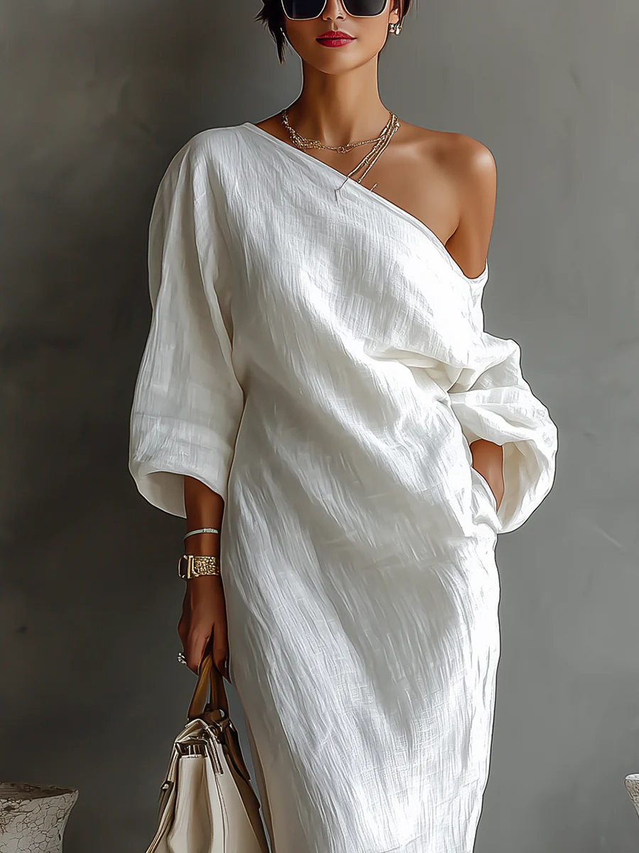 Elise™ | Elegante Maxi Abito con Spalla Scoperta in Bianco