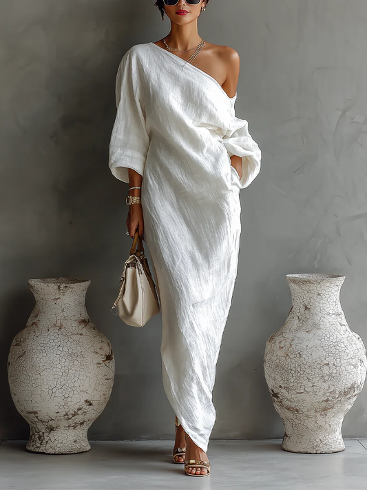 Elise™ | Elegante Maxi Abito con Spalla Scoperta in Bianco