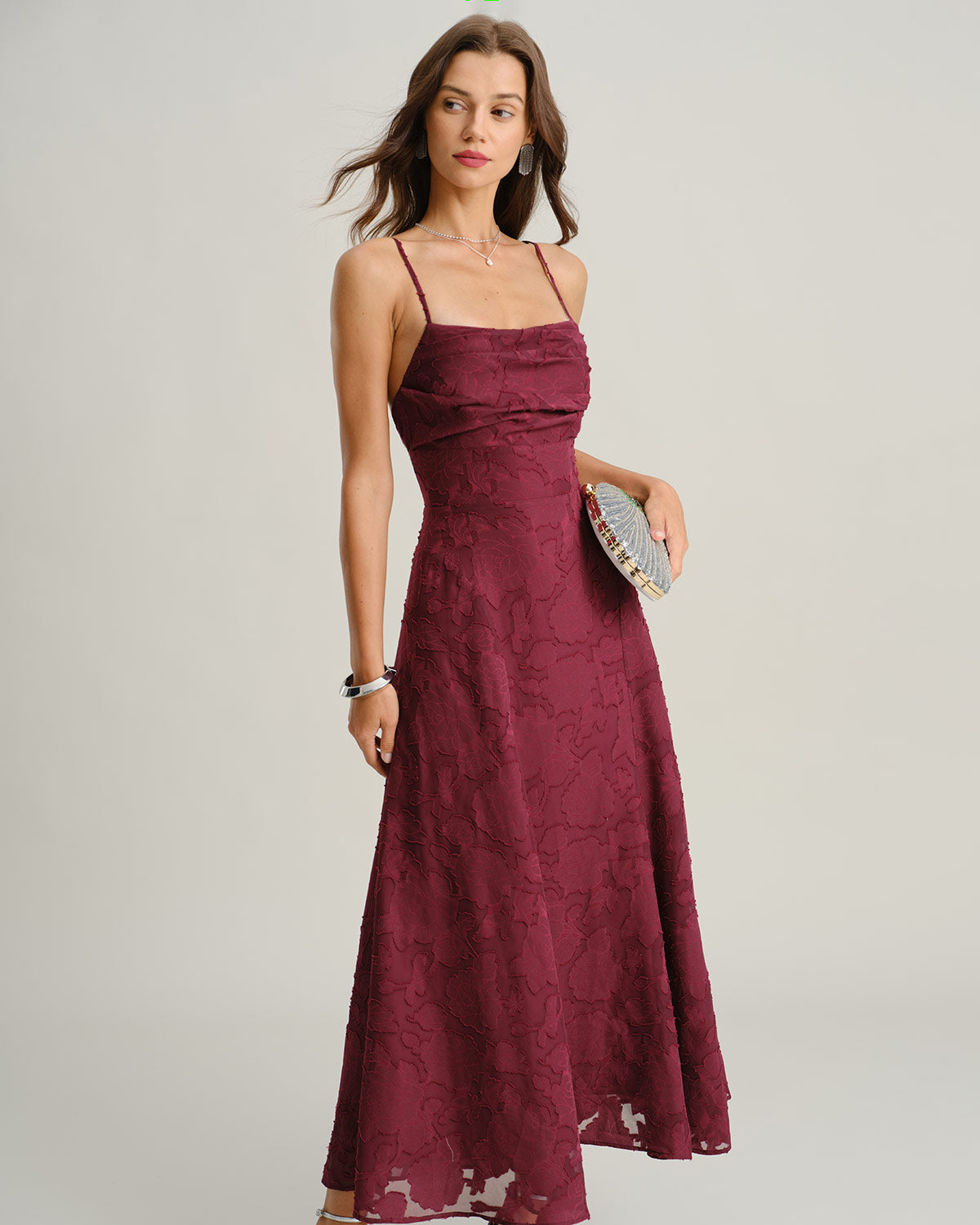 Abito lungo a tubino in jacquard rosso vino