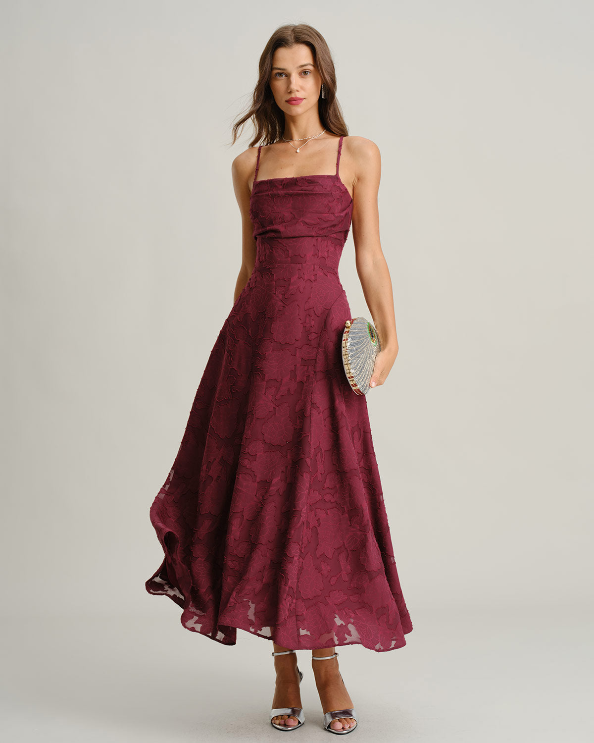 Abito lungo a tubino in jacquard rosso vino