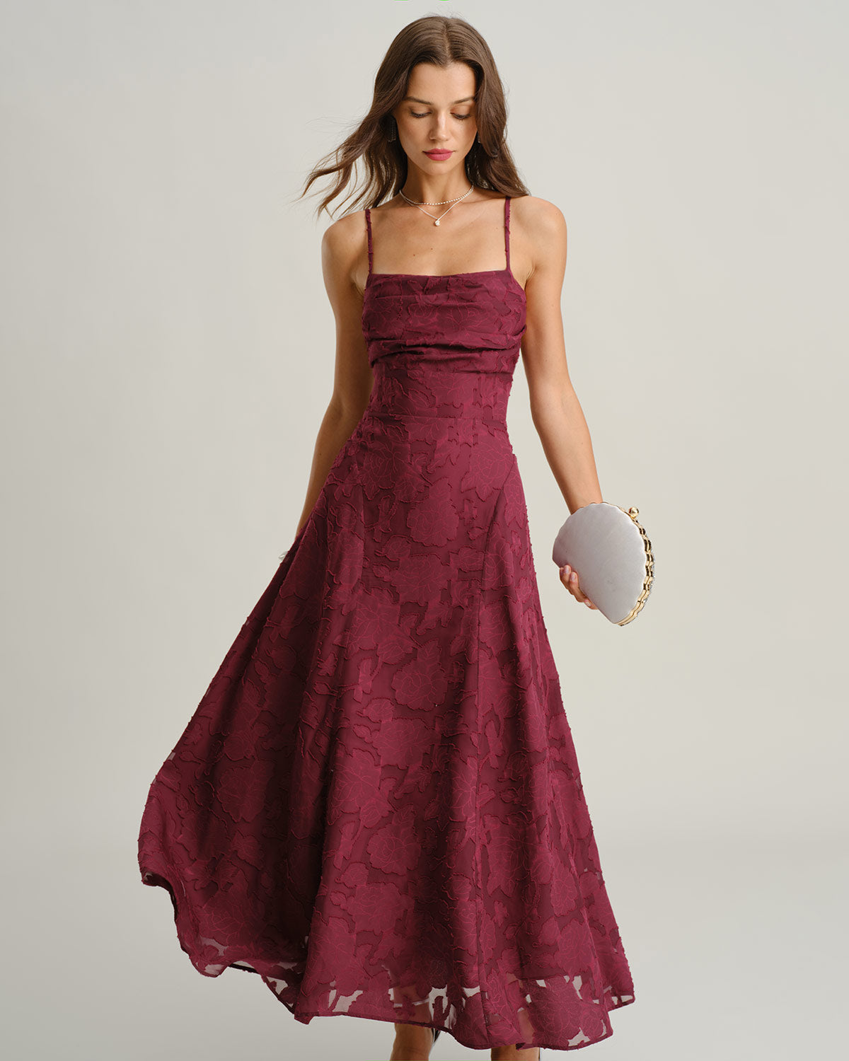 Abito lungo a tubino in jacquard rosso vino