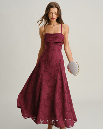 Abito lungo a tubino in jacquard rosso vino
